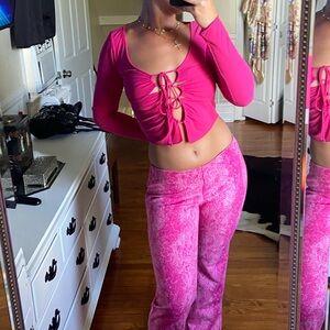 Pink Lace-Up Top and Pants Set